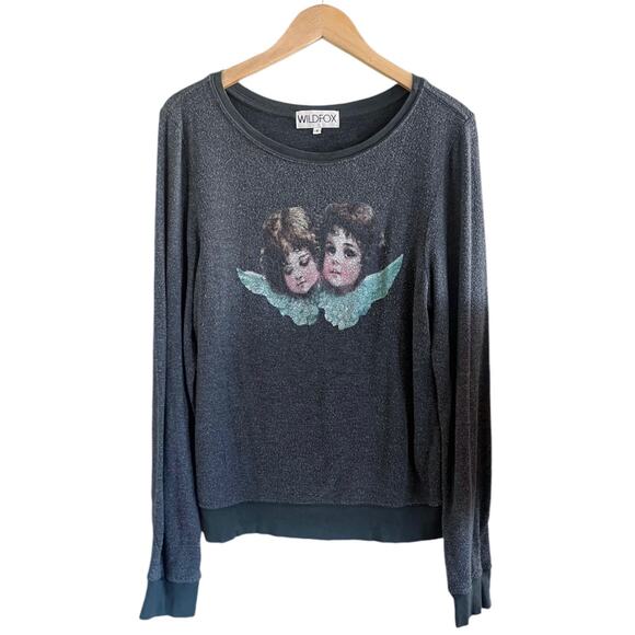 WILDFOX Sweatshirt Cherubs Angels Charcoal Black Pullover Sweater Small Rare EUC - Picture 1 of 7